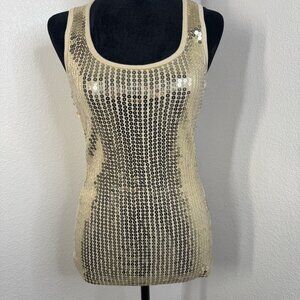 Sequined Beige Ribbed Tank Top With Scoop Neck‎ & Stretchy Fit